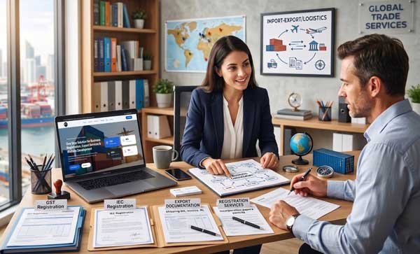 Professional business consultation desk showing EG Global Connect website on a laptop screen, alongside physical folders for GST registration, IEC registration, and export documentation mobile view