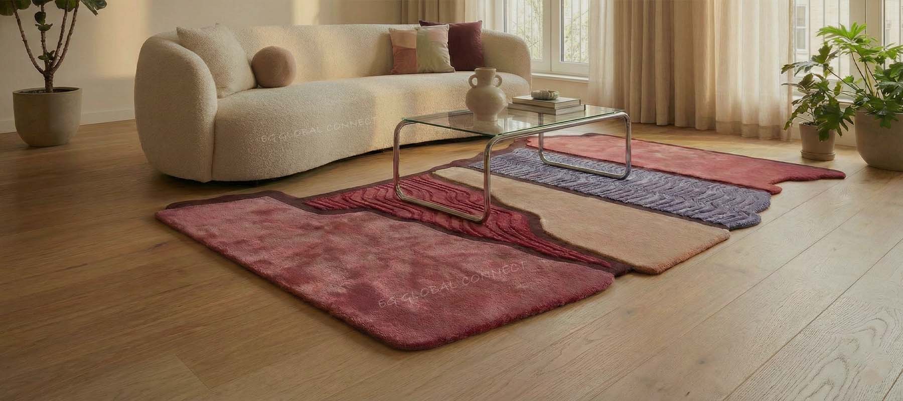 Modern abstract hand-tufted wool rug with layered multicolor panels in blush, beige, and grey tones styled in a contemporary living room