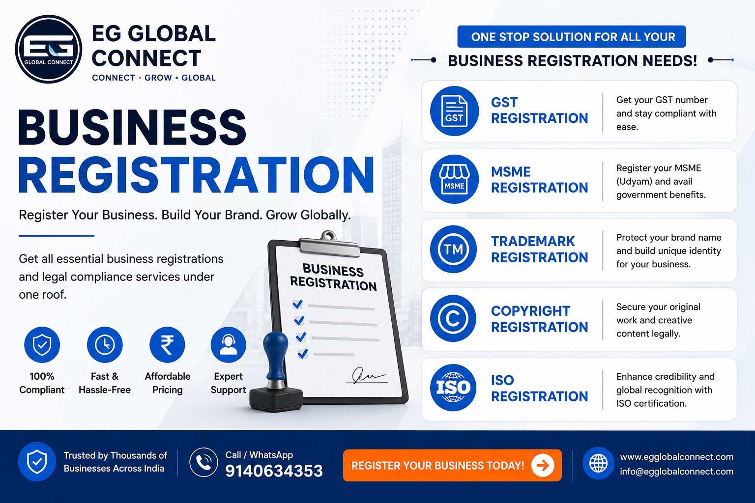 Business Registration Services by EG Global Connect including GST Registration, MSME Registration, Trademark Registration, Copyright Registration, ISO Certification, and legal compliance services in India.