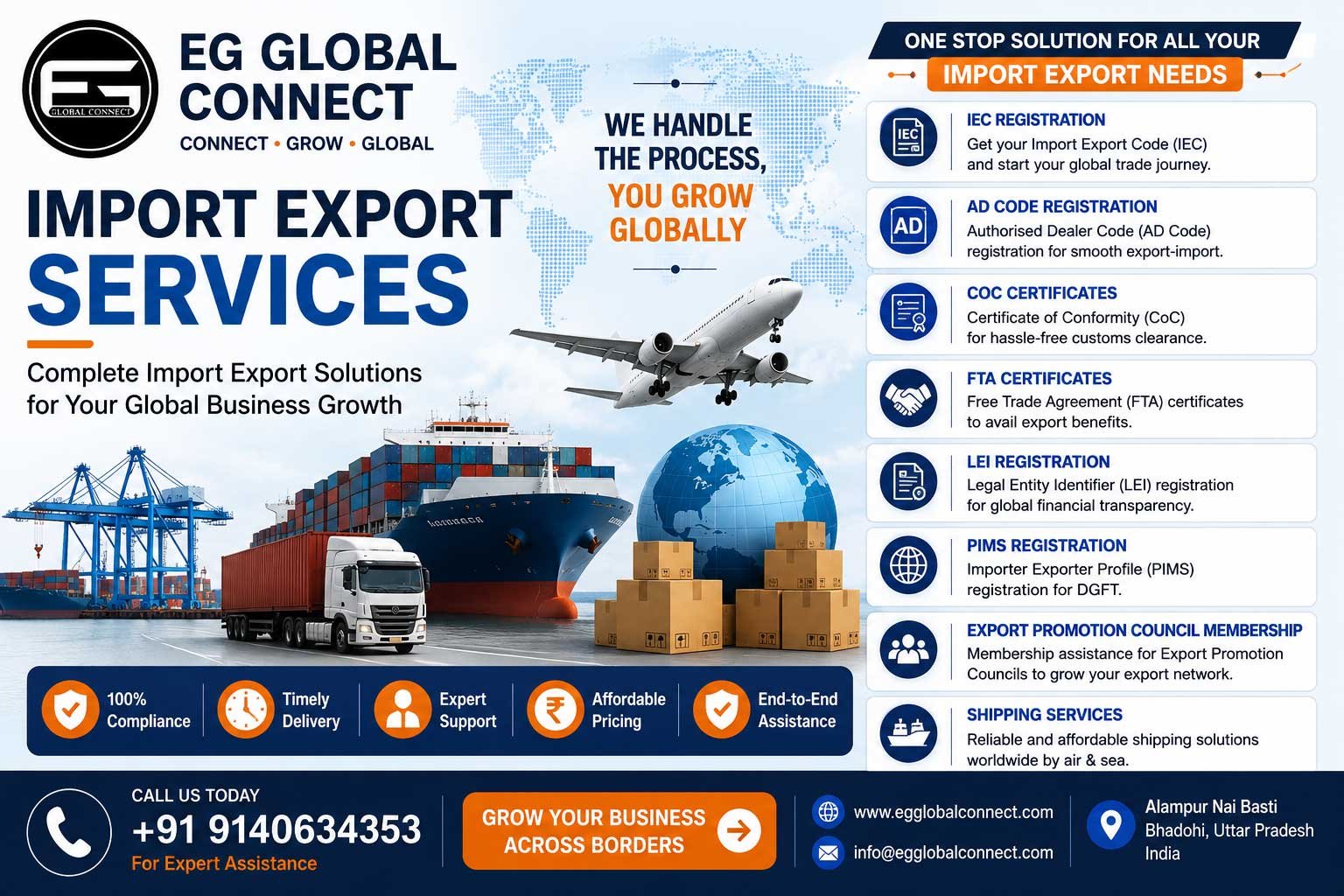 EG Global Connect provides complete Import Export Services in India, including IEC Registration, AD Code Registration, Certificate of Conformity (CoC), Free Trade Agreement (FTA) Certificates, LEI Registration, PIMS Registration, Export Promotion Council Membership, Shipping Services, and export documentation support for manufacturers, exporters, startups, and businesses.