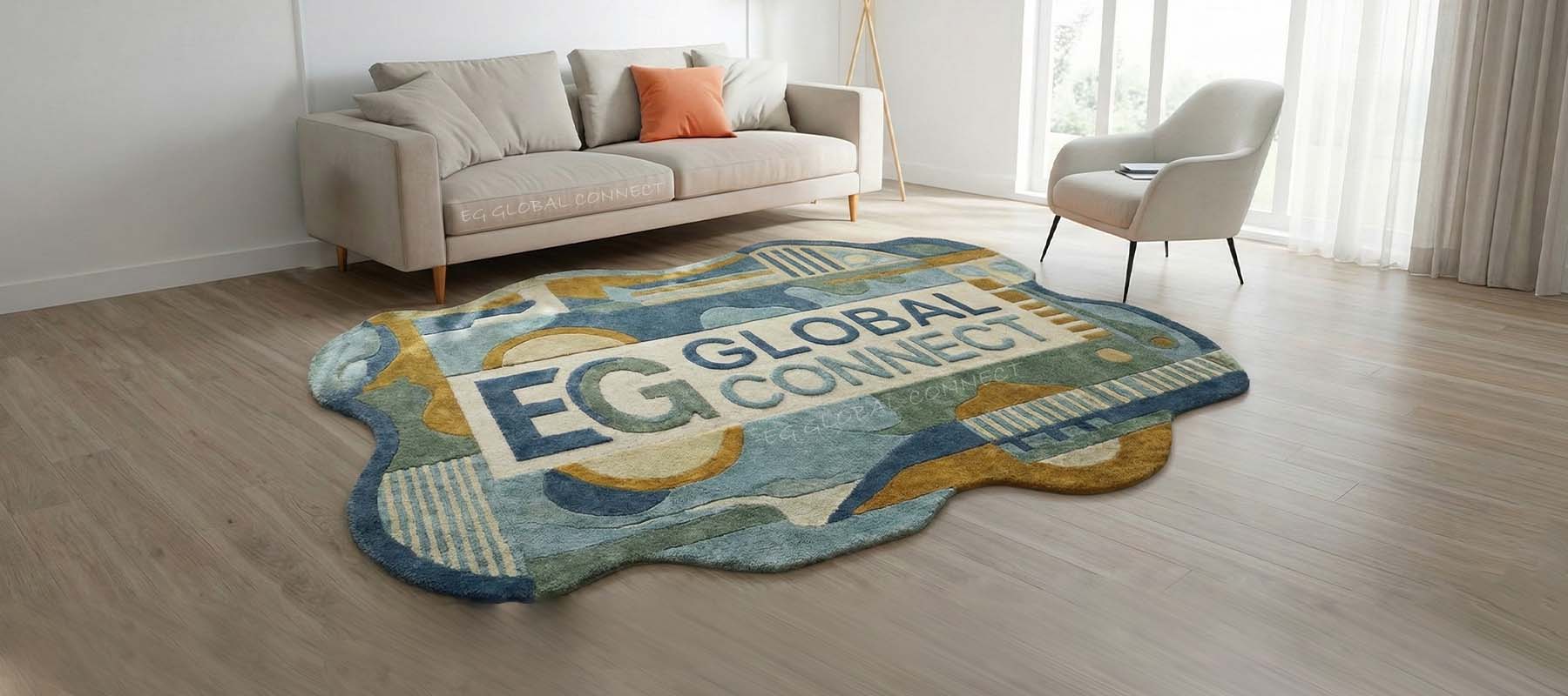 Abstract hand-tufted wool carpet in blue and mustard tones with EG Global Connect branding placed in a modern living room