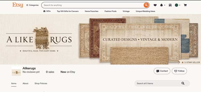 Alikerugs premium Etsy store layout featuring custom vintage and modern handmade rugs banner and optimized product listings