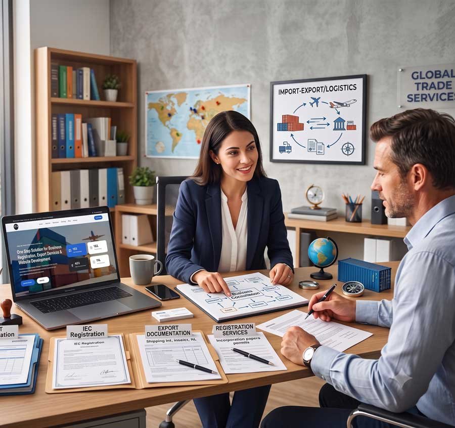 Professional business consultation setup featuring a female advisor explaining export documentation and IEC registration process to a client at a desk with a laptop.