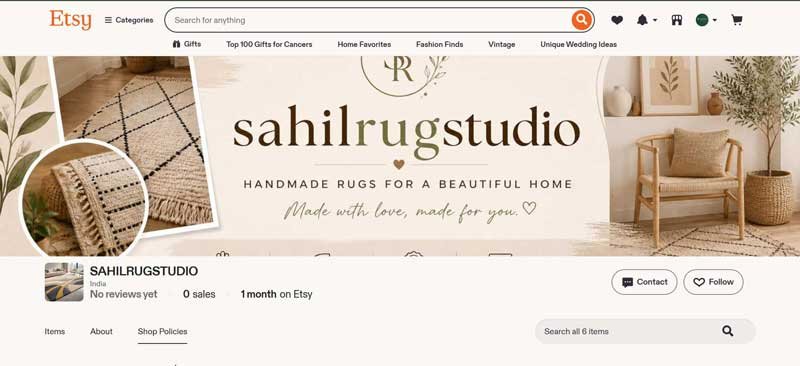 Professional Etsy store layout setup featuring premium hand-tufted rugs for international markets