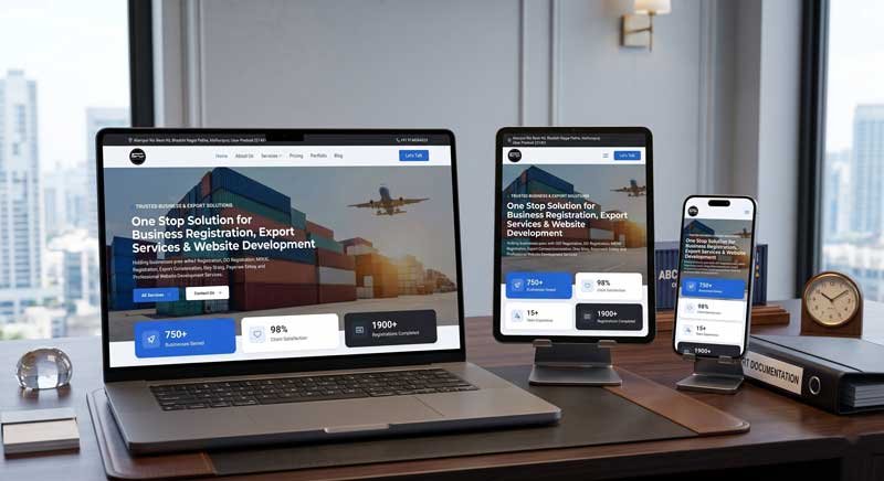 Responsive corporate website design displayed seamlessly on a laptop, tablet, and smartphone