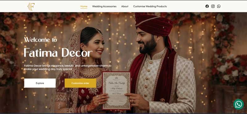 E-commerce website design for Fatima Decor showcasing elegant custom wedding accessories and decor