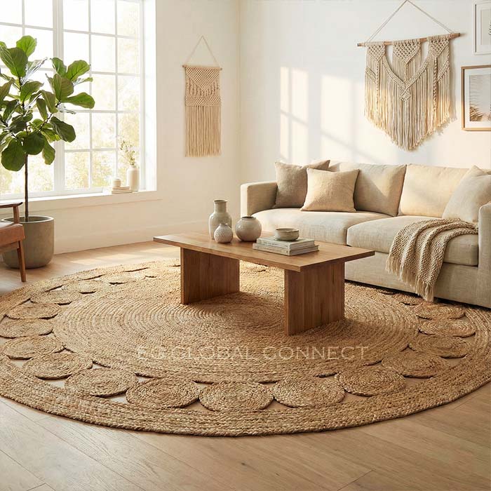 Round natural handwoven jute rug placed in a bright boho-style living room with neutral furniture and indoor plants