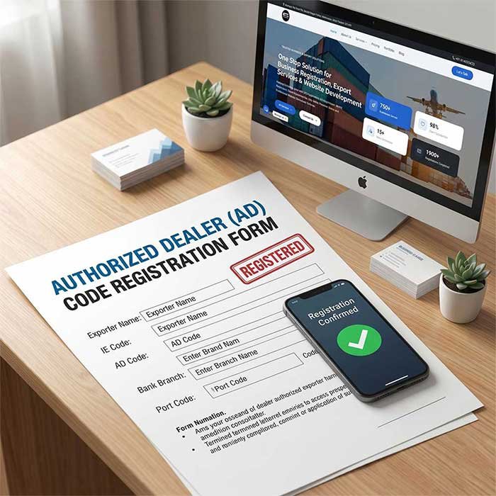 Authorized Dealer AD Code Registration form with a registered stamp and online confirmation on a smartphone