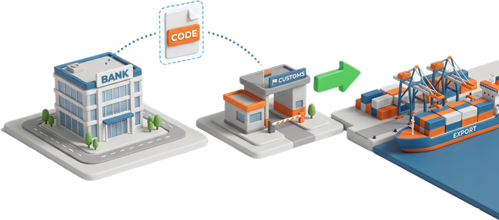 3D isometric graphic illustrating the AD Code registration process from bank to customs for container shipping export