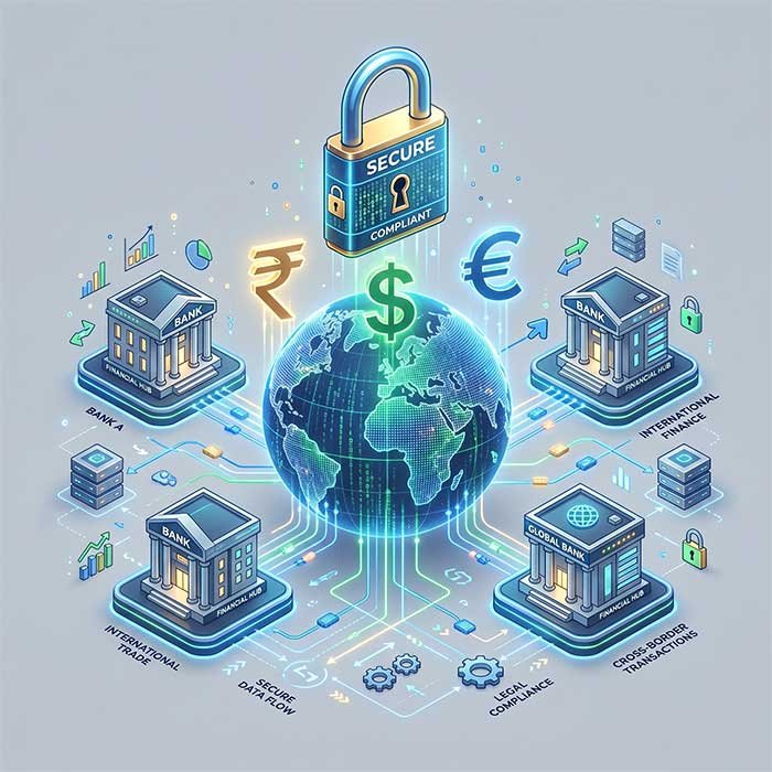 Digital globe with currency symbols representing secure international cross-border transactions and RBI compliance