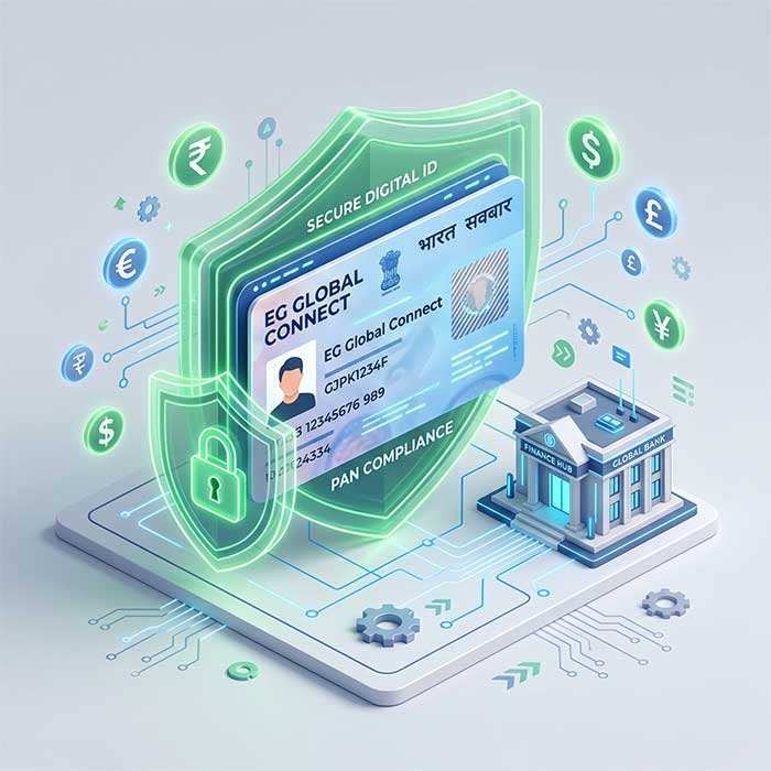 Digital shield protecting a PAN card and tax documents, representing financial compliance and secure identity