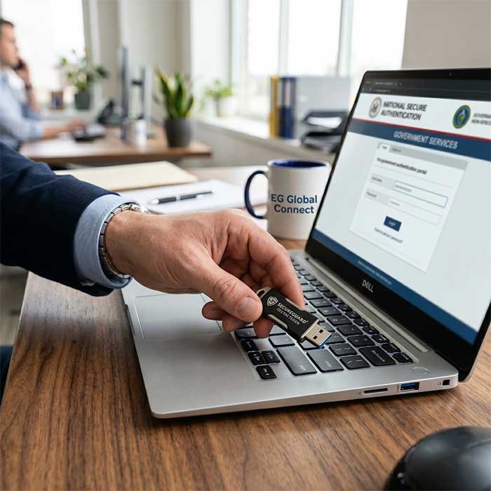 A business owner inserting a secure USB token into a laptop for Class 3 Digital Signature Certificate online filing