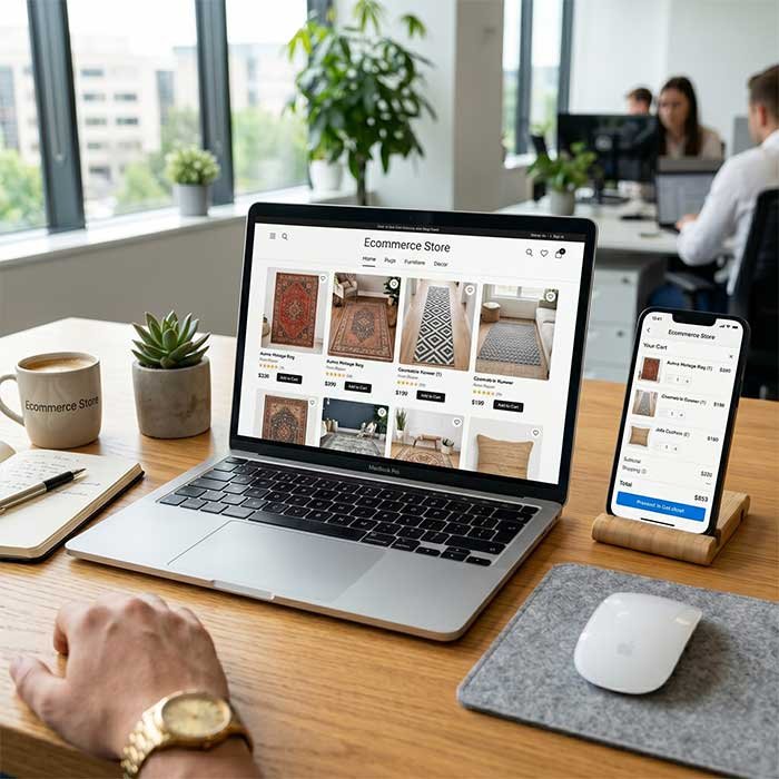 Modern eCommerce website displayed on a laptop and mobile phone, showing an online store for business growth