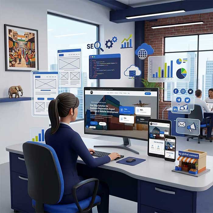 Business website design displayed on a laptop screen during a client consultation with EG Global Connect
