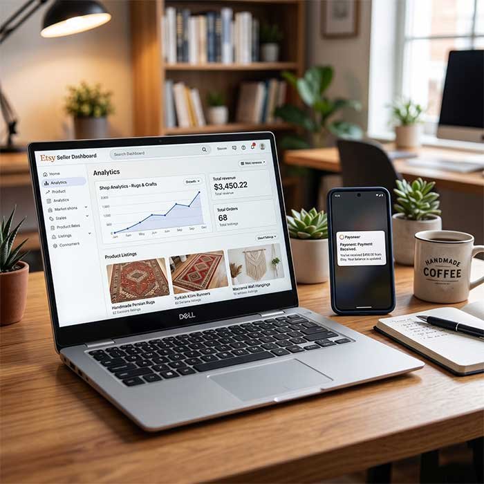 EG Global Connect Etsy store setup and Payoneer integration dashboard on a laptop for handicraft exporters