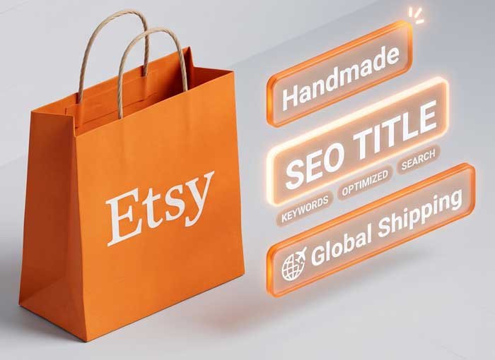 Etsy orange shopping bag with 3D tags for SEO Title, Handmade, and Global Shipping