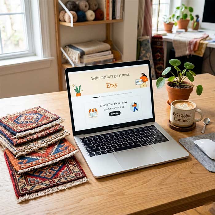 A laptop screen showing the Etsy seller registration page, surrounded by handmade rugs and crafts from Bhadohi