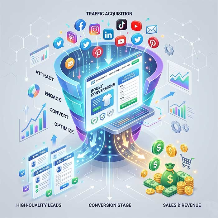 Digital marketing funnel showing traffic from social media ads converting into leads on a landing page