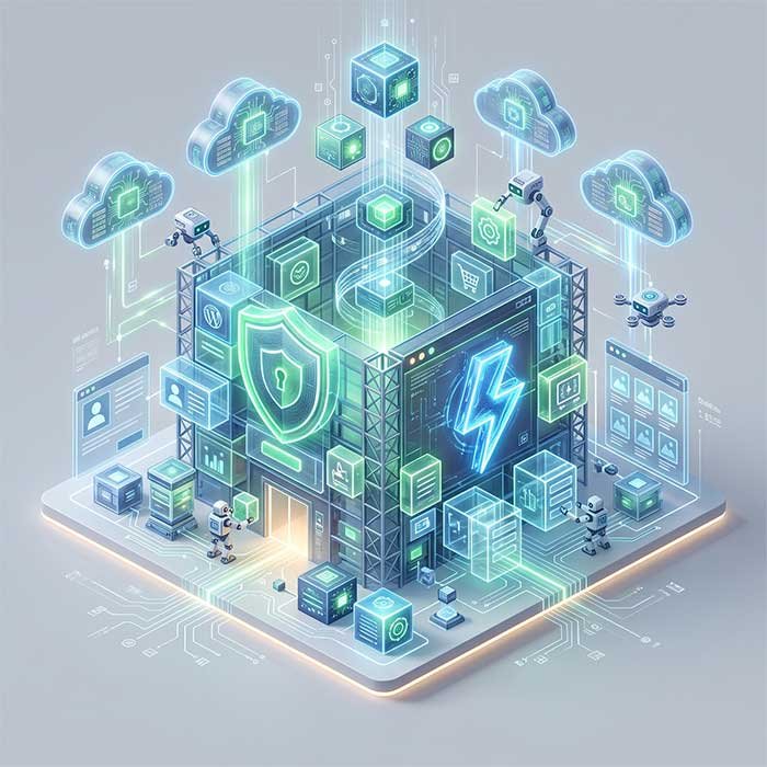 Digital illustration showing lightning-fast website loading speed and secure cloud hosting servers