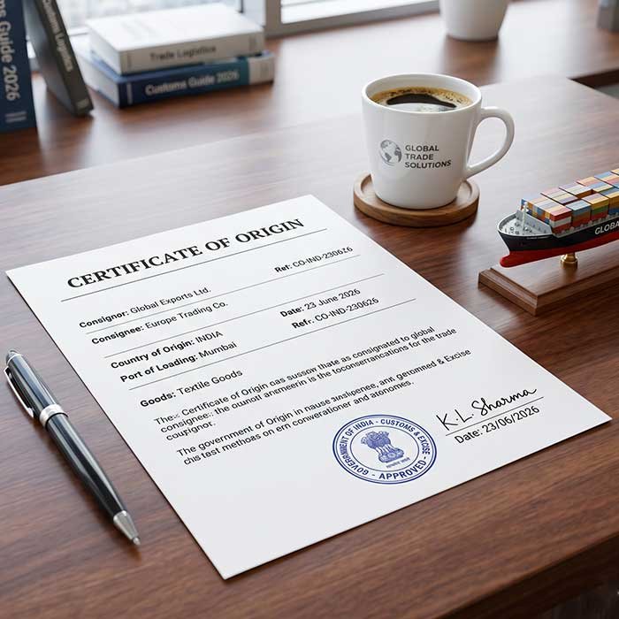 Approved FTA Certificate of Origin document with a customs stamp for international carpet export from India