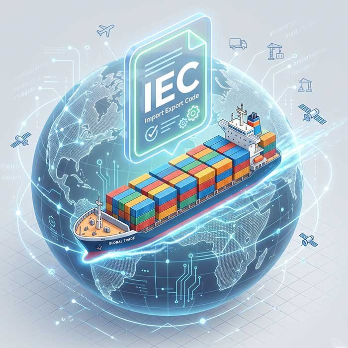 Cargo ship at a port and a digital globe, representing international trade enabled by an Import Export Code