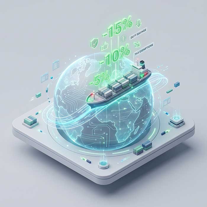 Digital illustration showing global trade networks, cargo ships, and duty reduction percentages representing Free Trade Agreements
