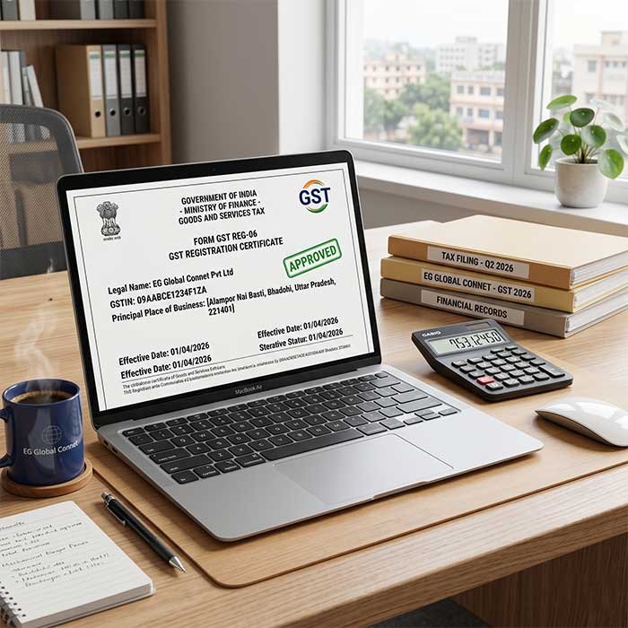 Business owner submitting GST registration documents online using a laptop to get a GSTIN certificate
