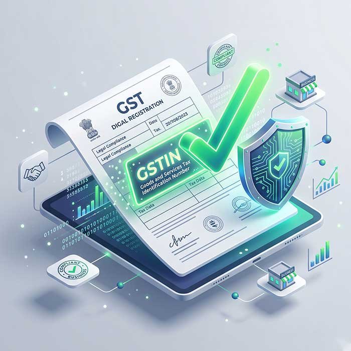 Digital shield protecting a GSTIN tax document, representing secure and legal business compliance in India