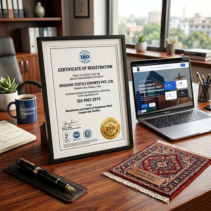 An official ISO 9001:2015 Quality Management System certificate on a wooden desk with a golden approval stamp