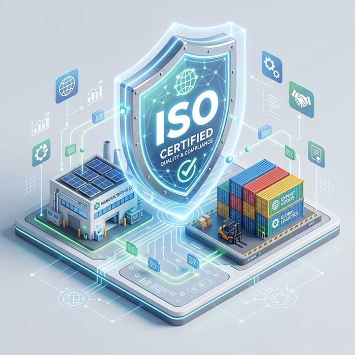 Digital shield representing ISO 9001 compliance protecting a modern manufacturing factory and shipping boxes