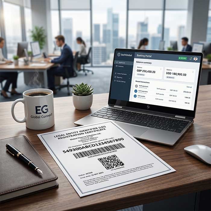 Business executive holding an approved 20-digit Legal Entity Identifier (LEI) document for international bank transactions in India