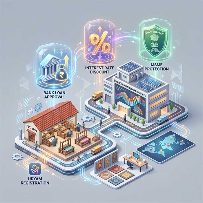 Digital illustration showing MSME business growth, bank loans, and government subsidies