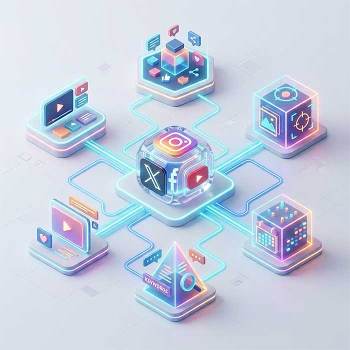 Digital illustration of ads being targeted across multiple platforms to reach global buyers