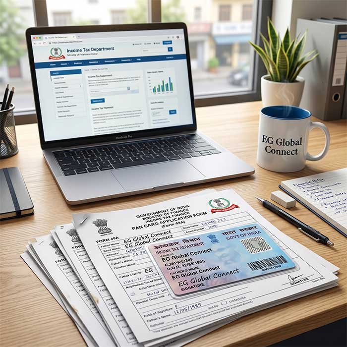 Indian PAN card, application forms, and a modern laptop on a business desk representing tax registration