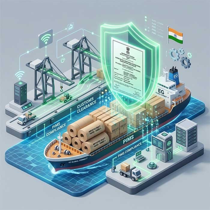Cargo ship and paper rolls representing international paper import and customs compliance in India