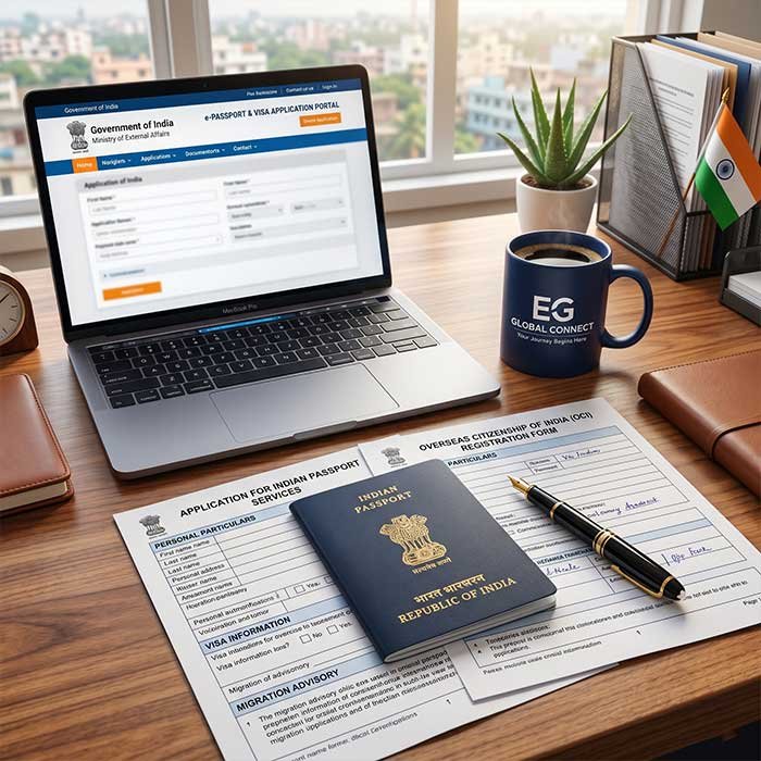 Indian passport and travel documents on a desk representing passport application assistance