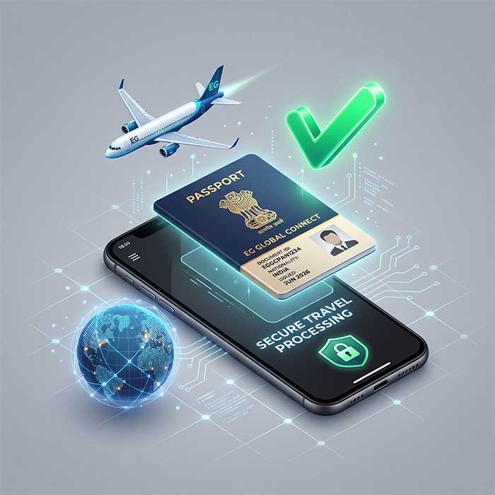 Digital shield protecting travel documents, representing secure online passport processing