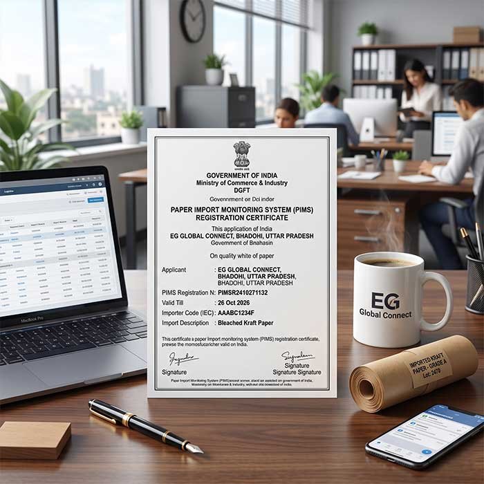 An approved DGFT PIMS certificate on a desk next to a laptop and imported paper rolls