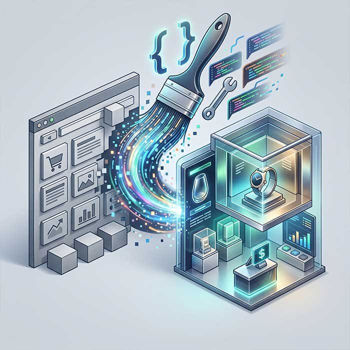 Digital illustration showing a business website being transformed into a modern, fast-loading interface