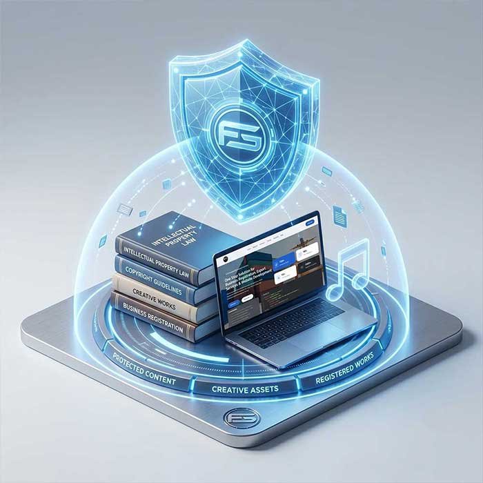 Digital shield protecting books, software code, and creative artwork representing copyright law