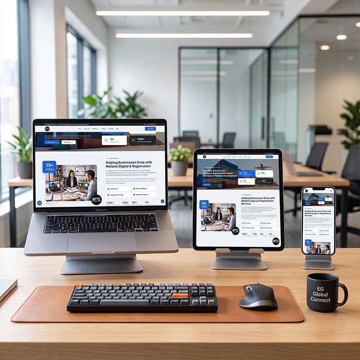 A modern business website displayed seamlessly across a laptop, tablet, and smartphone