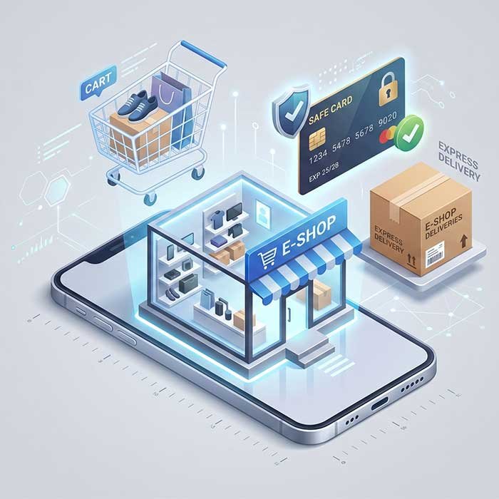 Digital storefront concept showing shopping cart, secure payments, and delivery boxes for online business