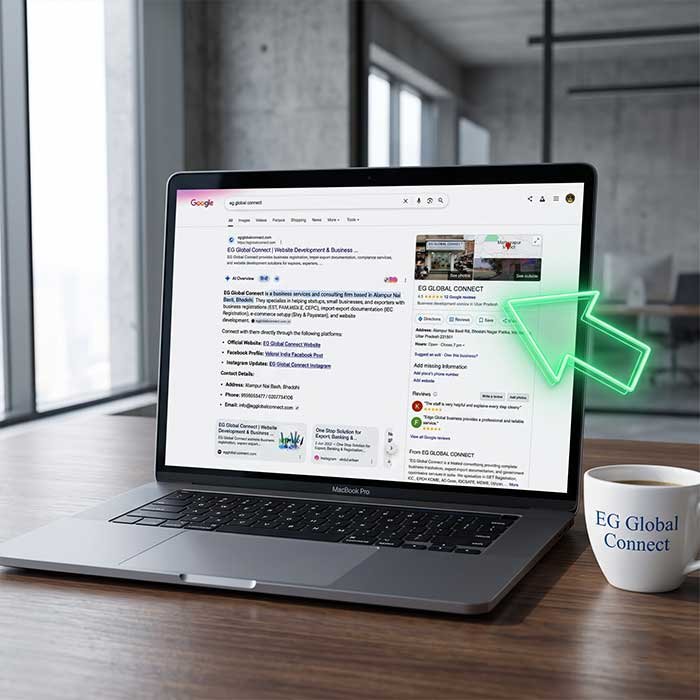 A laptop screen showing a business website ranking on the first page of Google search results for maximum visibility