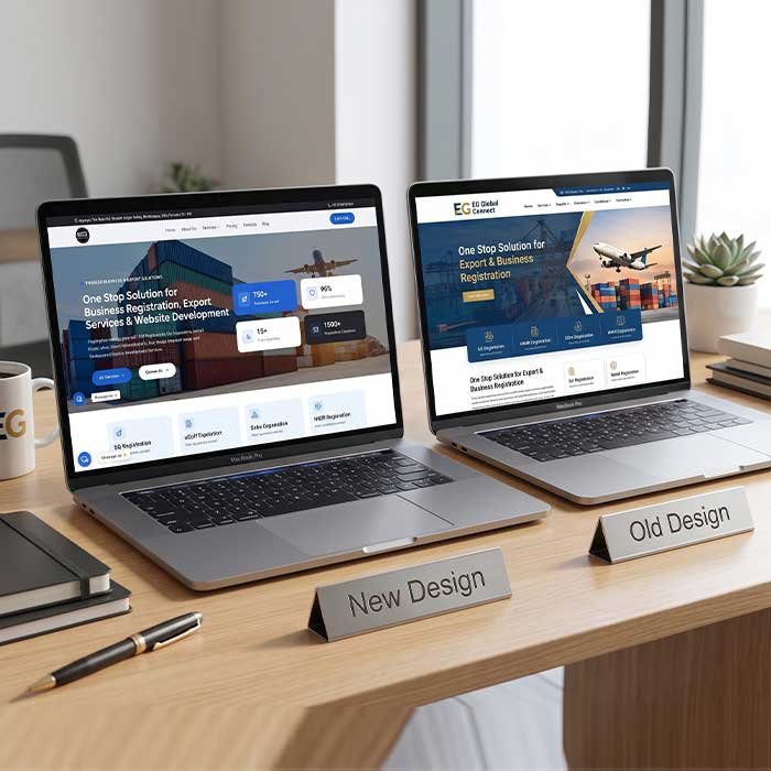 A modern laptop showing a premium website redesign replacing an old, outdated layout