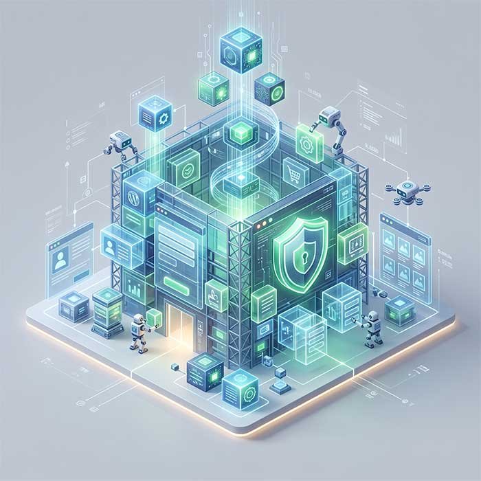 Digital illustration showing modular website building blocks representing WordPress plugins and themes