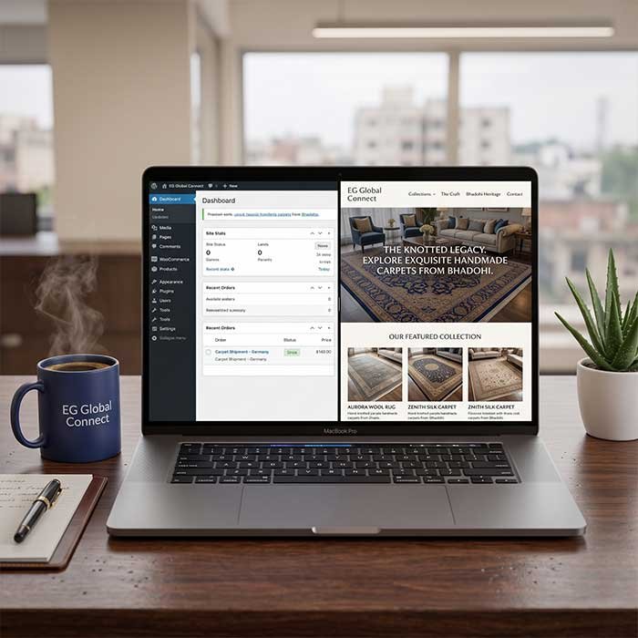 A premium WordPress website dashboard on a laptop with beautiful carpet catalog imagery