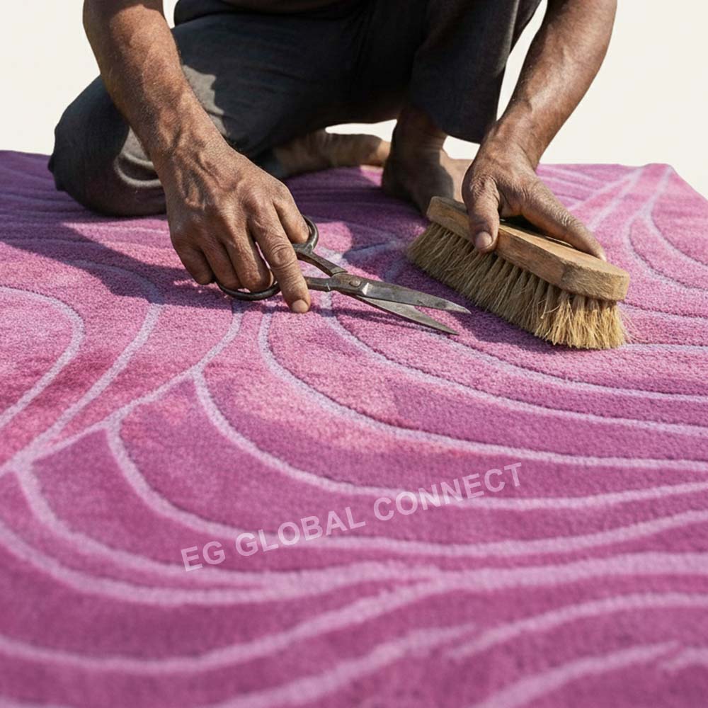 abstract wave hand tufted wool rug mauve plum finishing