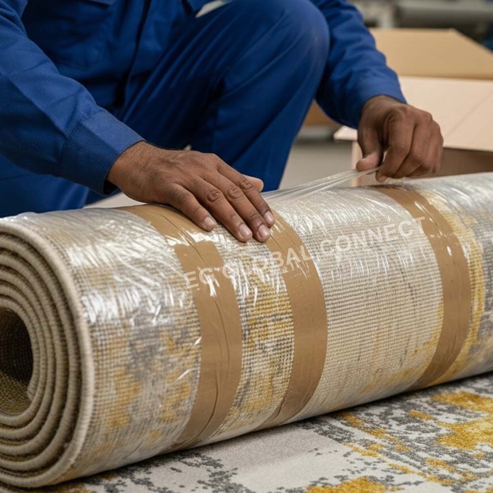 Hand tufted area rug packing and packaging process